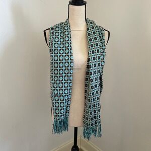 Artsy Geometric Print Scarf Turquoise Brown Retro Shawl Softer Than Cashmere